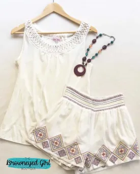 Ivory / Navy Embroidered Palazzo Aztec Shorts