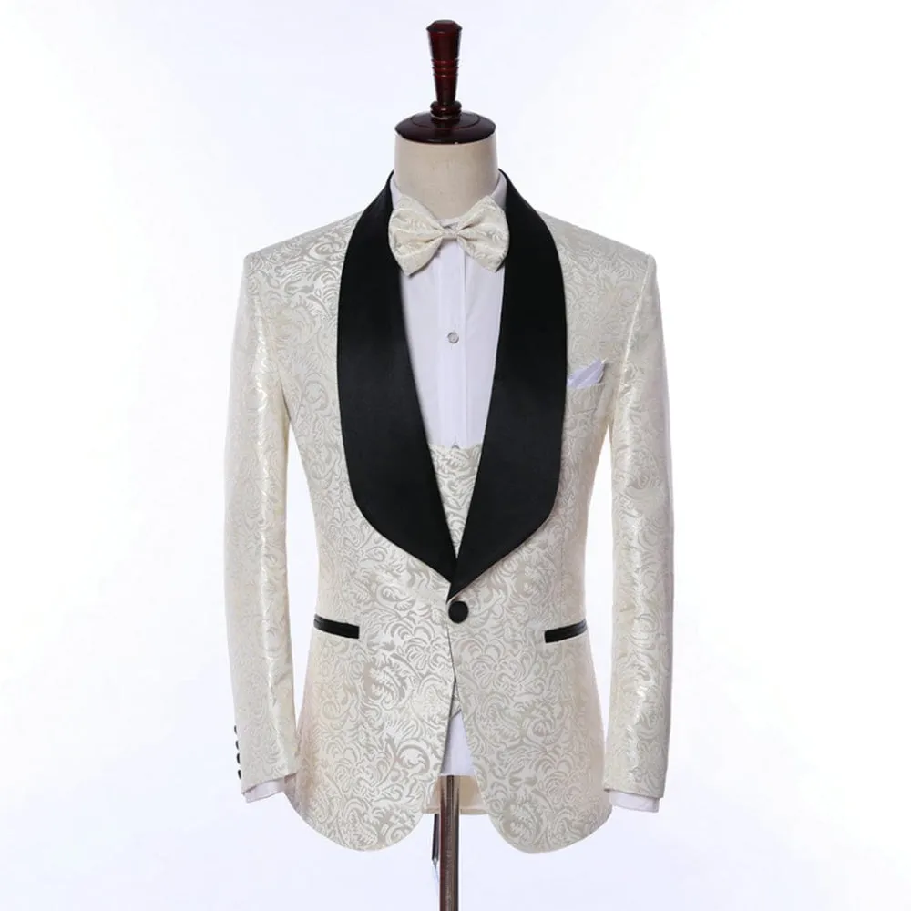 Ivory Patterned 2 Pieces Mens Suit Formal Shawl Lapel Tuxedos (Blazer Vest Pants)