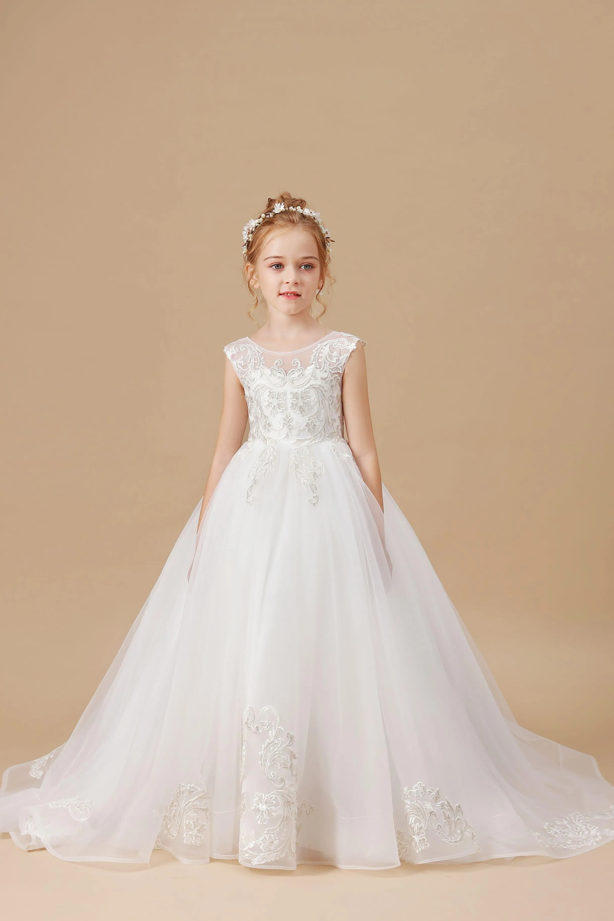 Ivory Sleeveless Applique Sweep trailing Multi-Layer Tulle Flower Girl Dresses