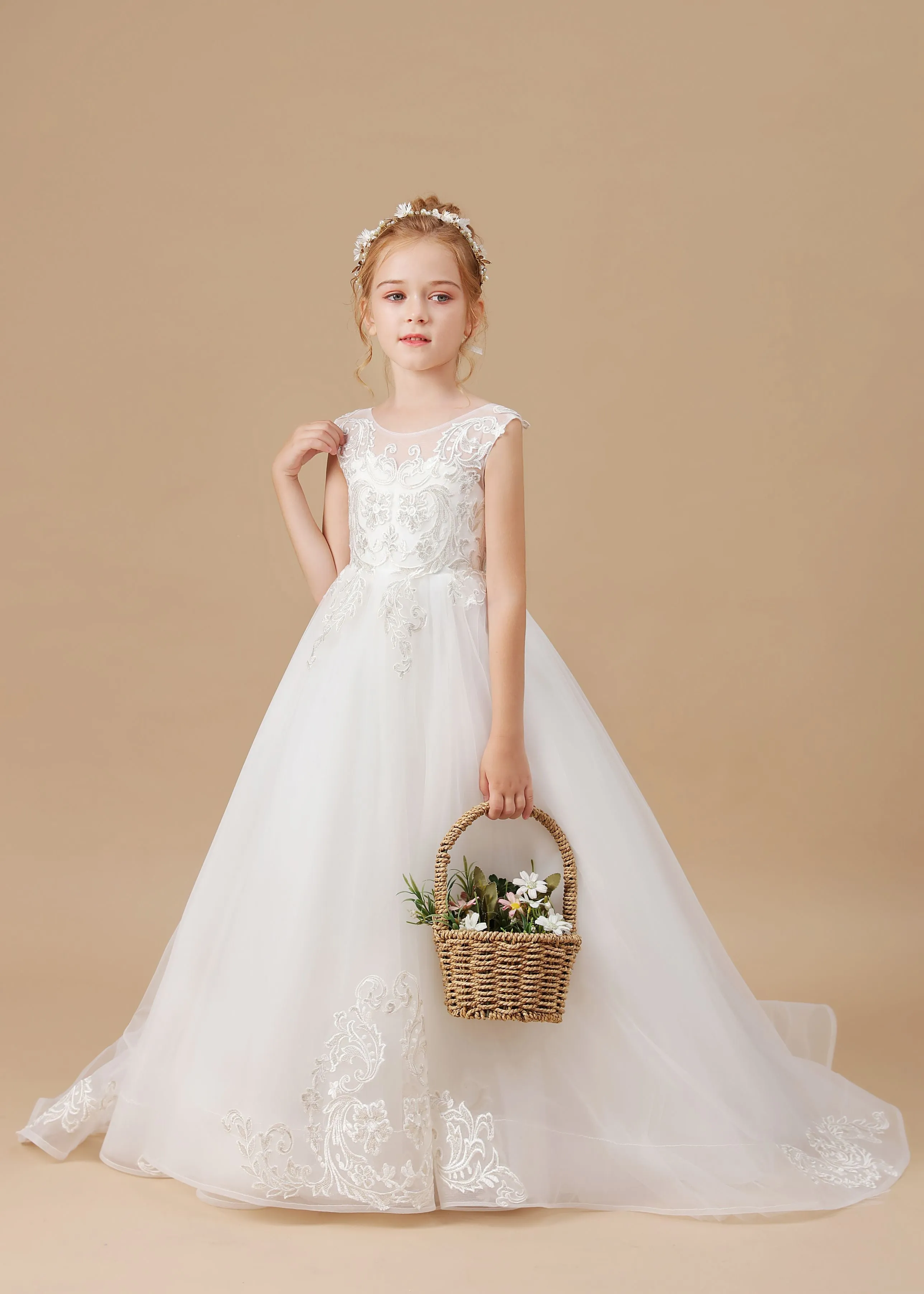 Ivory Sleeveless Applique Sweep trailing Multi-Layer Tulle Flower Girl Dresses