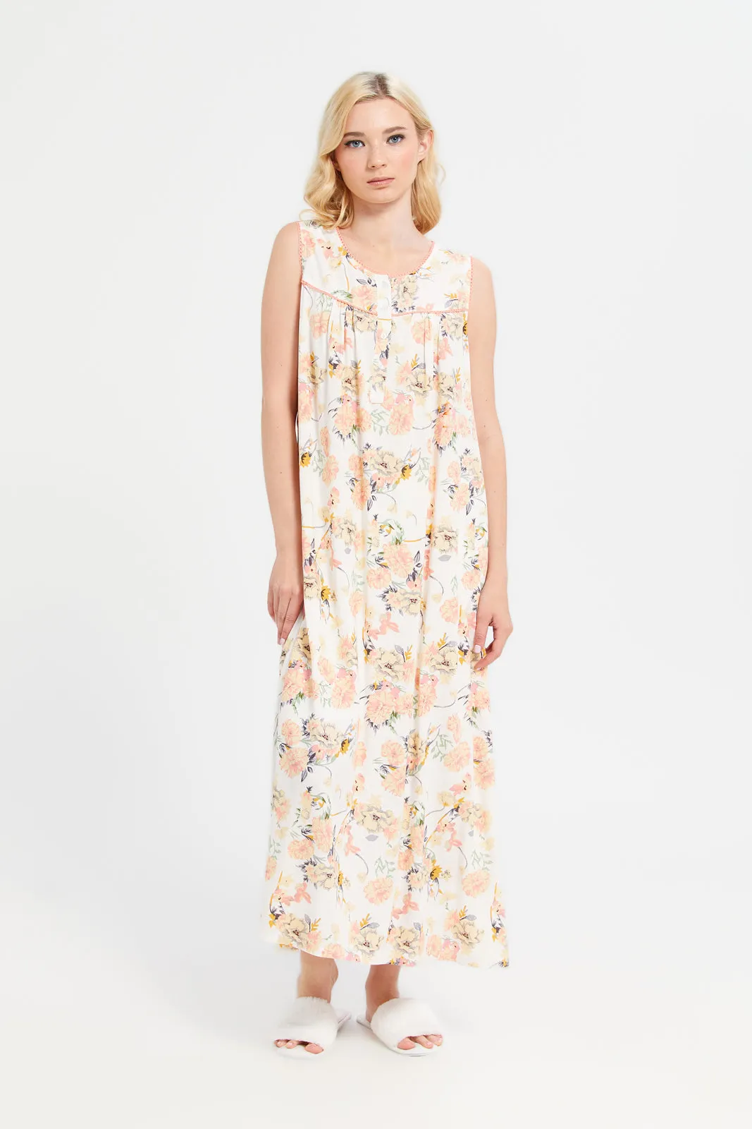 Ivory Sleeveless Printed Nightgown