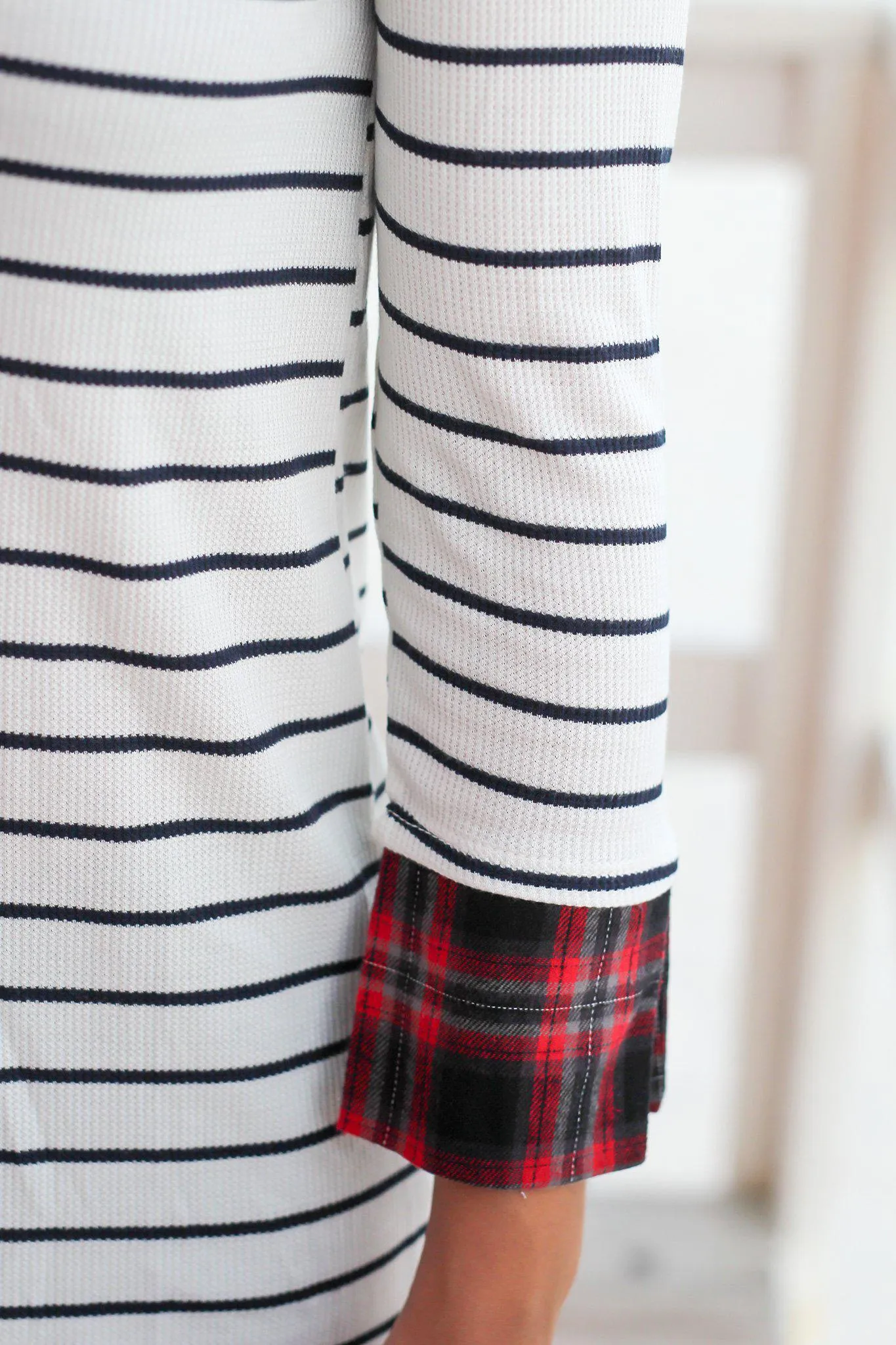 Ivory Striped Top with Plaid Cuffs