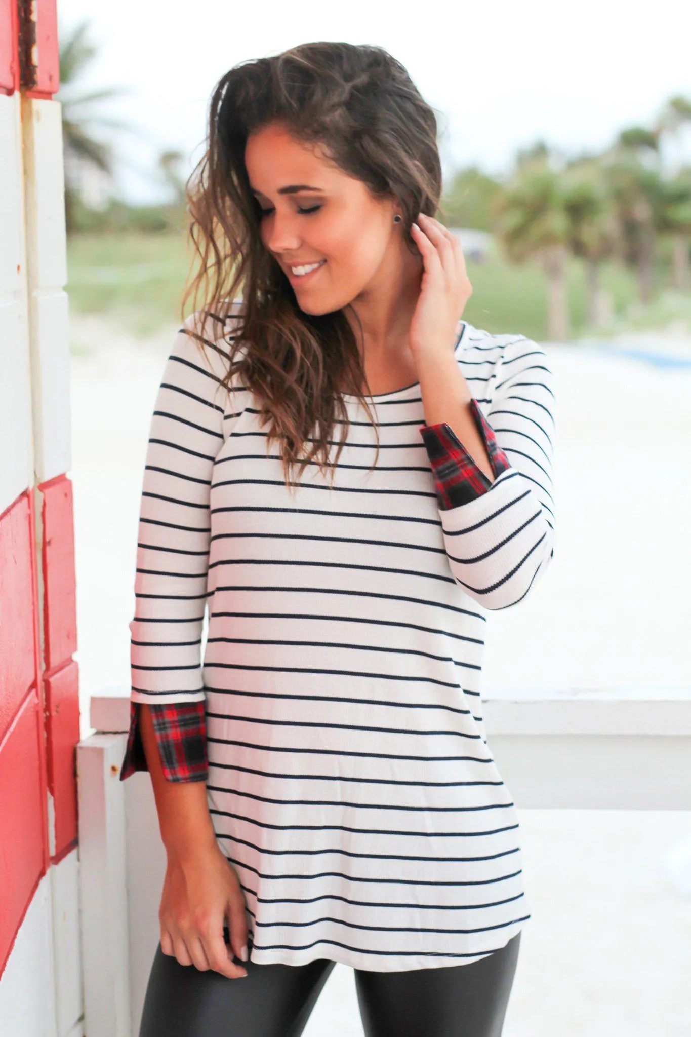 Ivory Striped Top with Plaid Cuffs