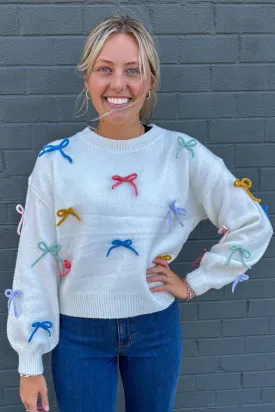 Ivory Sweater with Colorful Bows