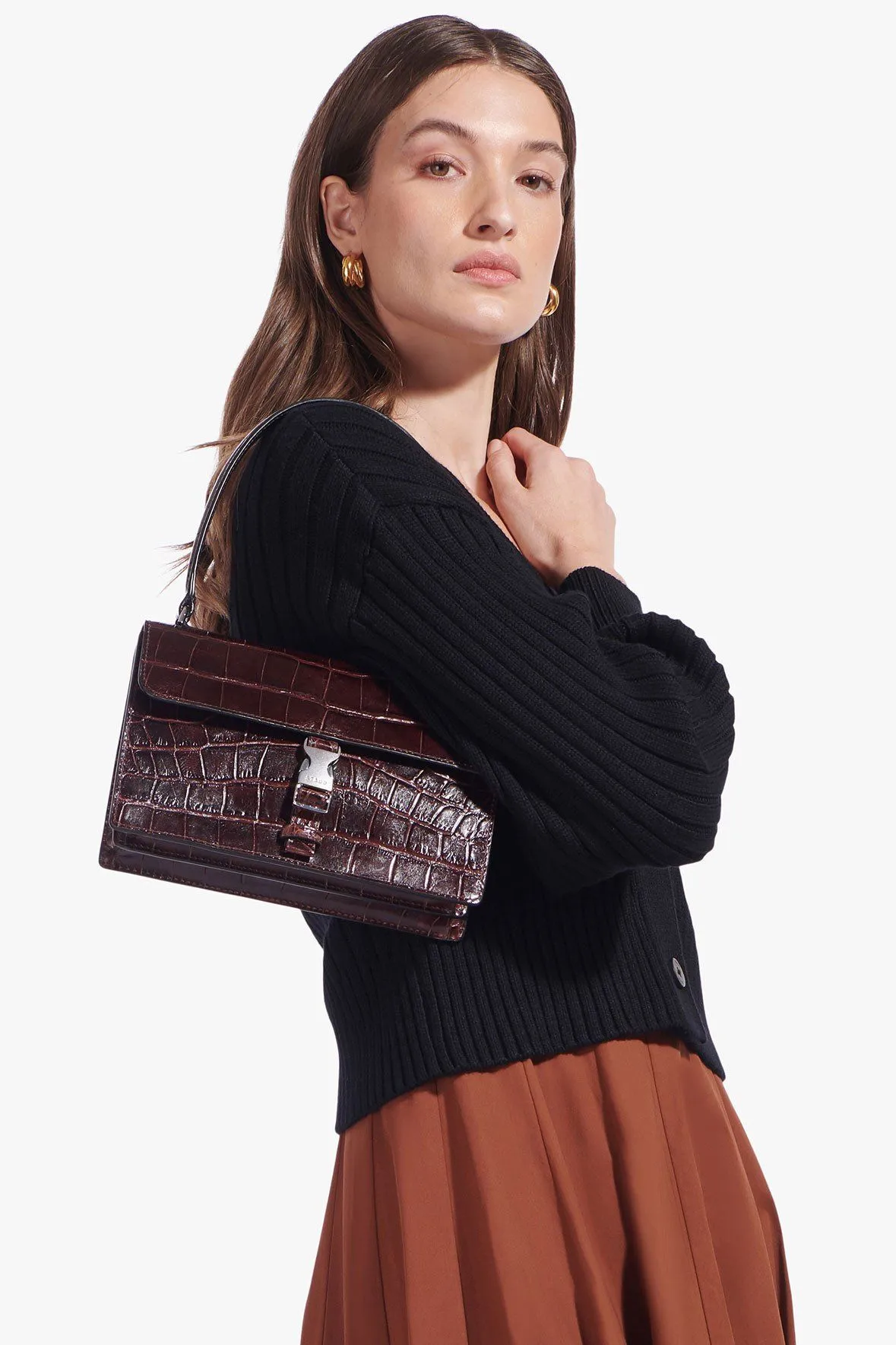 JACKIE BUCKLE BAG | MAHOGANY CROC EMBOSSED