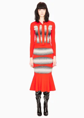 Jacqueline - Knit Poppy Red Trumpet Skirt with Tonal Grey Motif