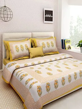 JAIPUR PRINTS Hand Block Floral Printed 300 TC Cotton King Size Bedsheet (Yellow Jaal)