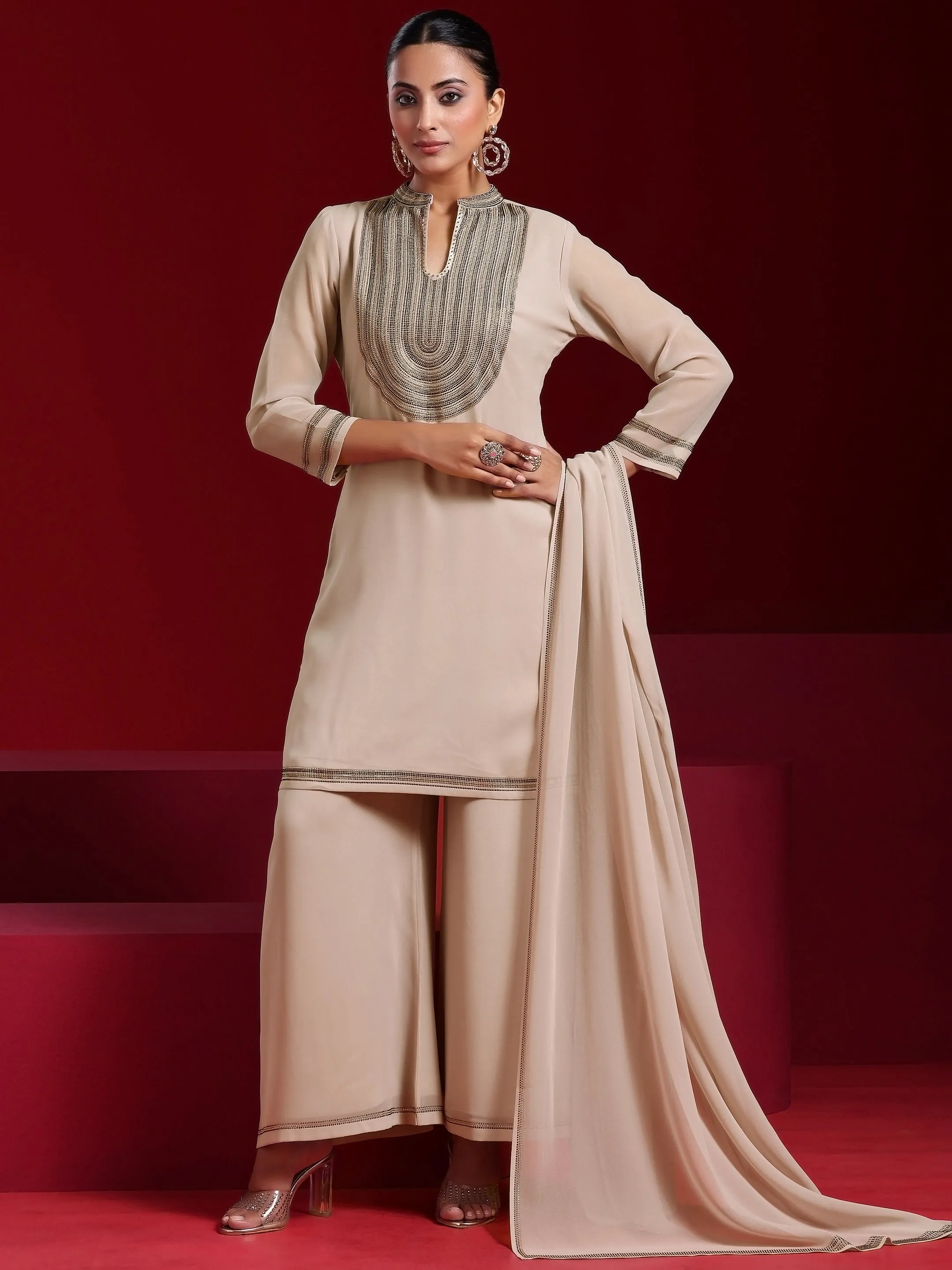 Jashvi Art Beige Yoke Design Georgette Straight Suit With Dupatta