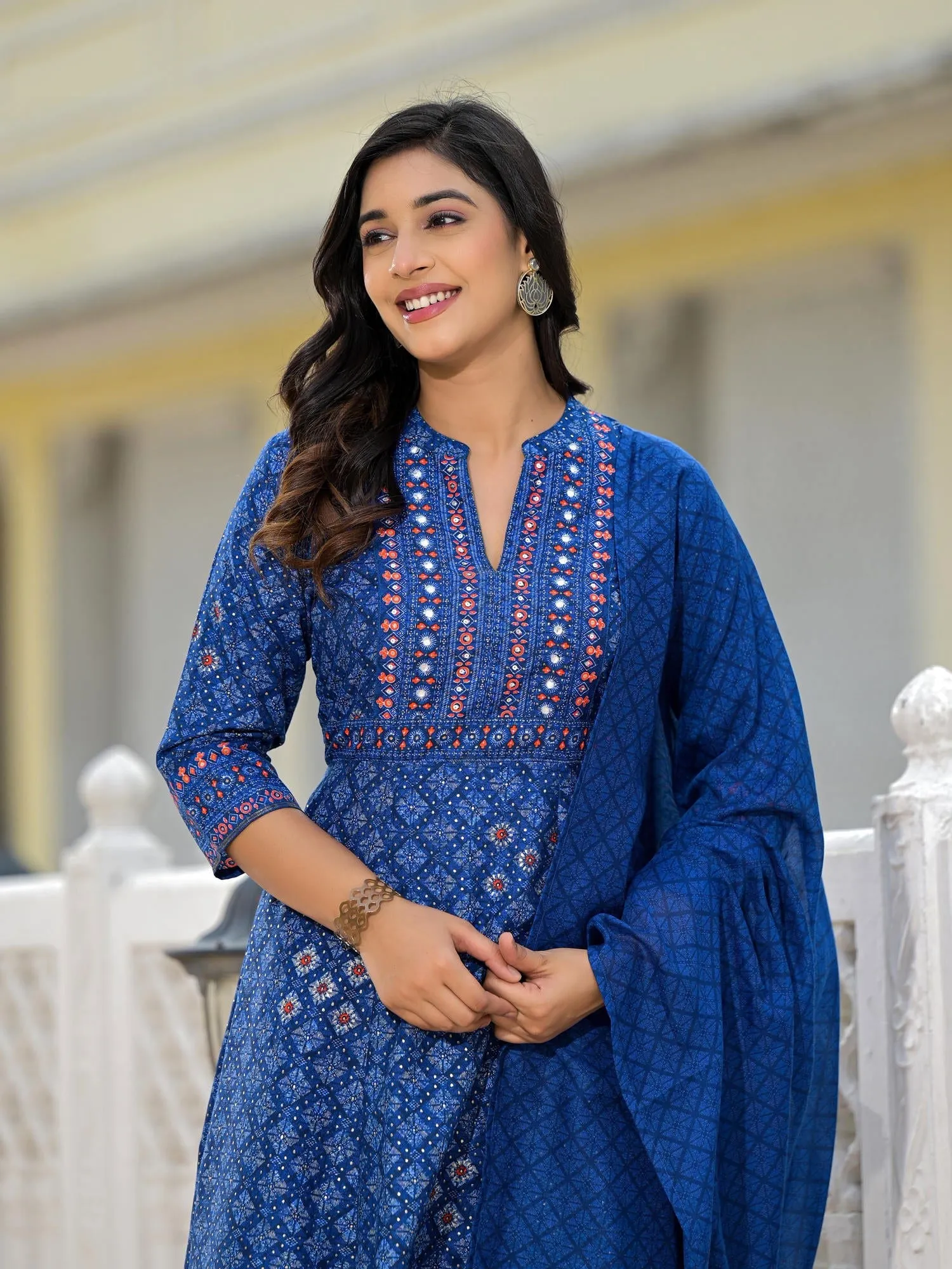 Jashvi Blue Ethnic Motif Printed Cotton Kurta, Pant And Dupatta Set With Mirror Work