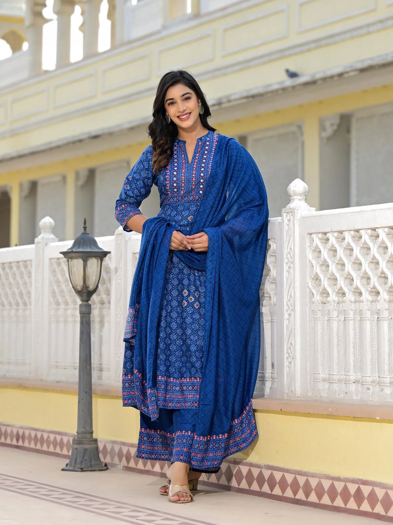 Jashvi Blue Ethnic Motif Printed Cotton Kurta, Pant And Dupatta Set With Mirror Work