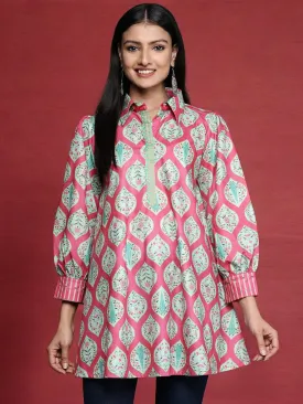 Jashvi Fuchsia Shirt Collar Velvet Digital Printed Tunic