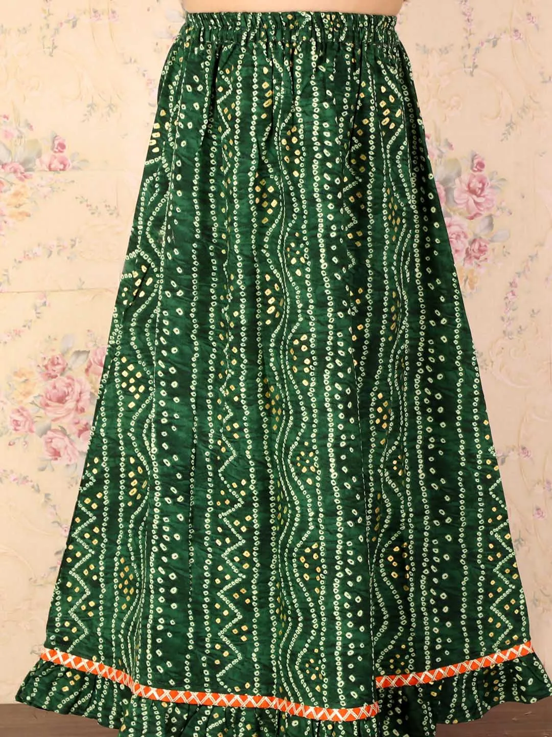 Jashvi Girl's Green Bandhani Top And Long Skirt Set