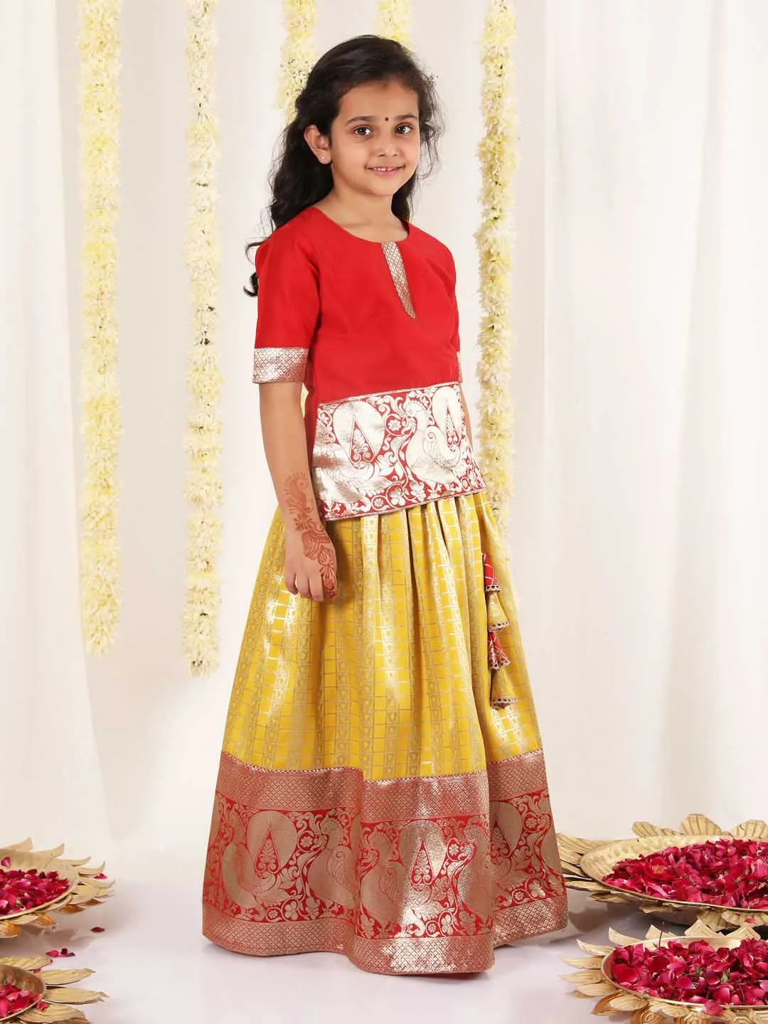 Jashvi Girl's Maroon And Yellow Pavda Pattu Lehenga Choli Set