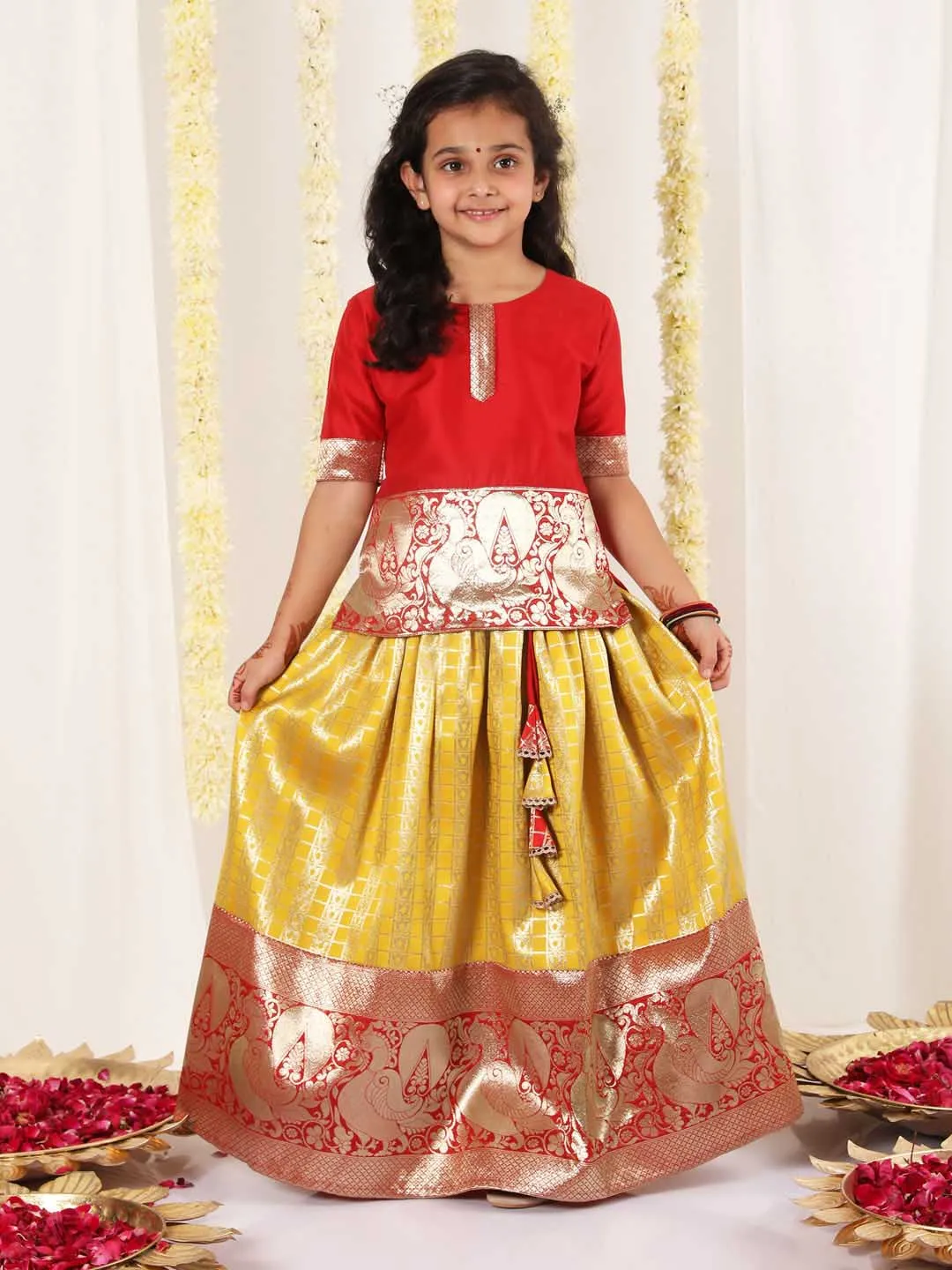 Jashvi Girl's Maroon And Yellow Pavda Pattu Lehenga Choli Set