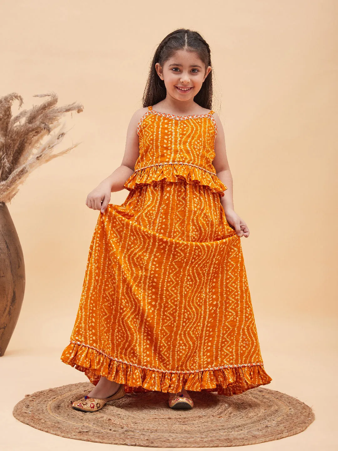 Jashvi Girl's Orange Bandhani Top And Long Skirt Set