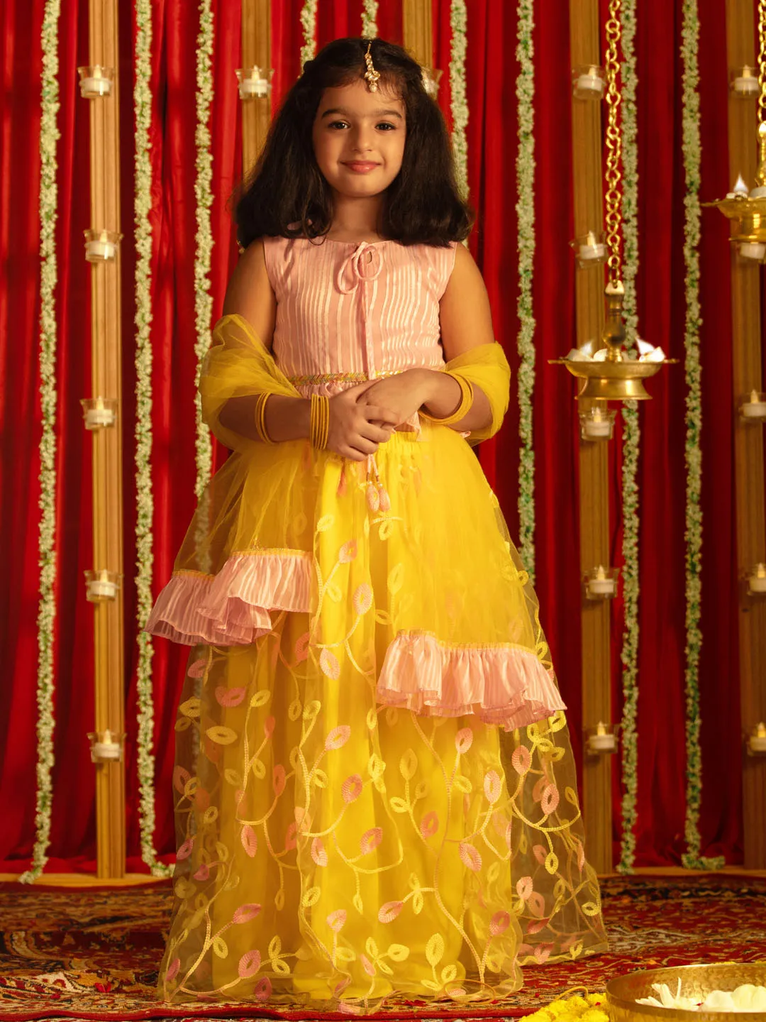 Jashvi Girls' Pink Top And Yellow Lehenga With Ruffled Dupatta Set