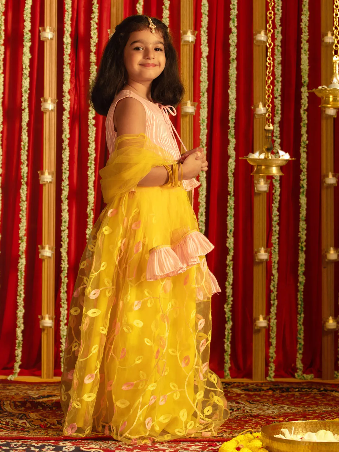 Jashvi Girls' Pink Top And Yellow Lehenga With Ruffled Dupatta Set