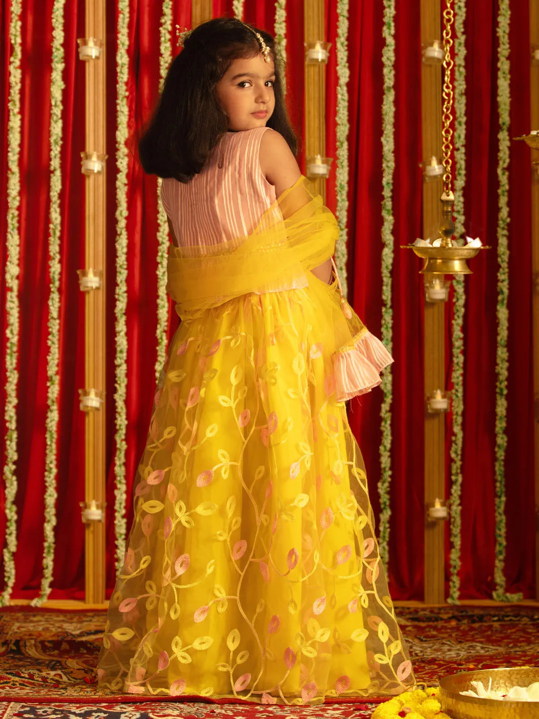 Jashvi Girls' Pink Top And Yellow Lehenga With Ruffled Dupatta Set