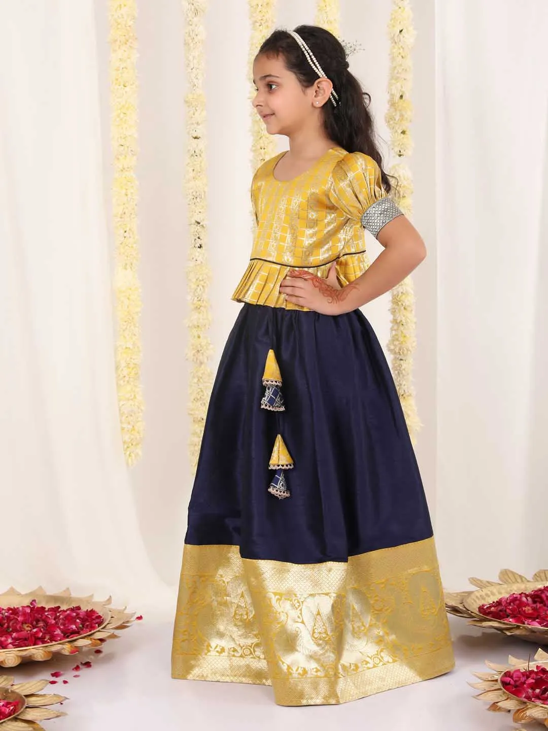 Jashvi Girl's Yellow And Blue Pavda Pattu Lehenga Choli Set