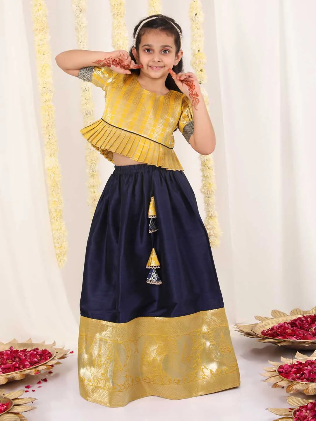 Jashvi Girl's Yellow And Blue Pavda Pattu Lehenga Choli Set