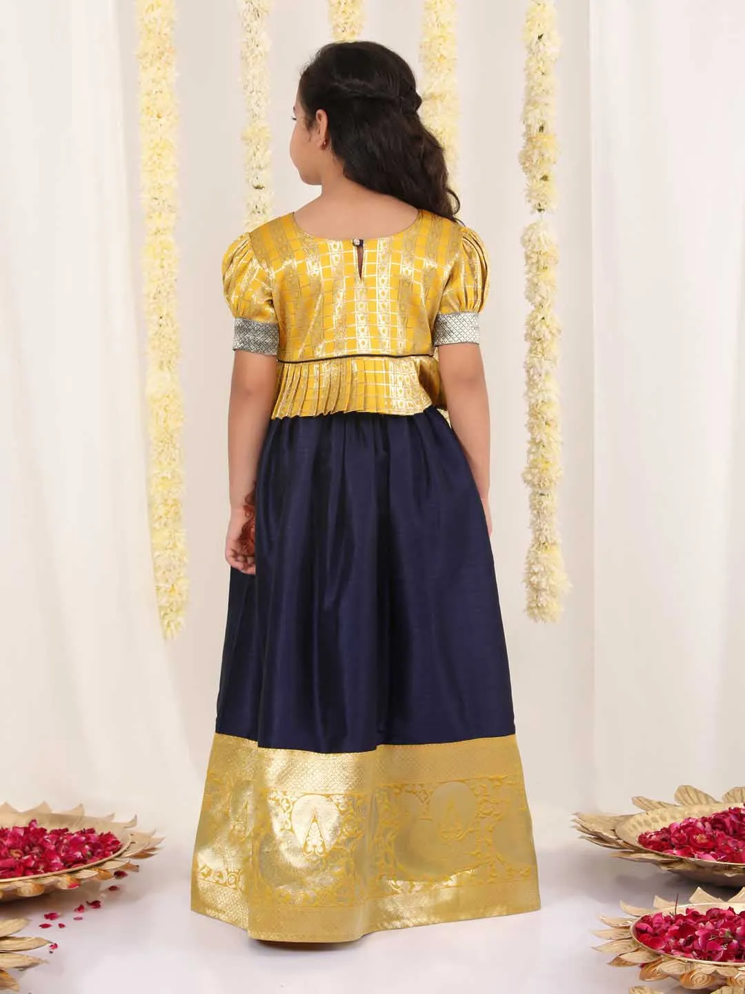 Jashvi Girl's Yellow And Blue Pavda Pattu Lehenga Choli Set