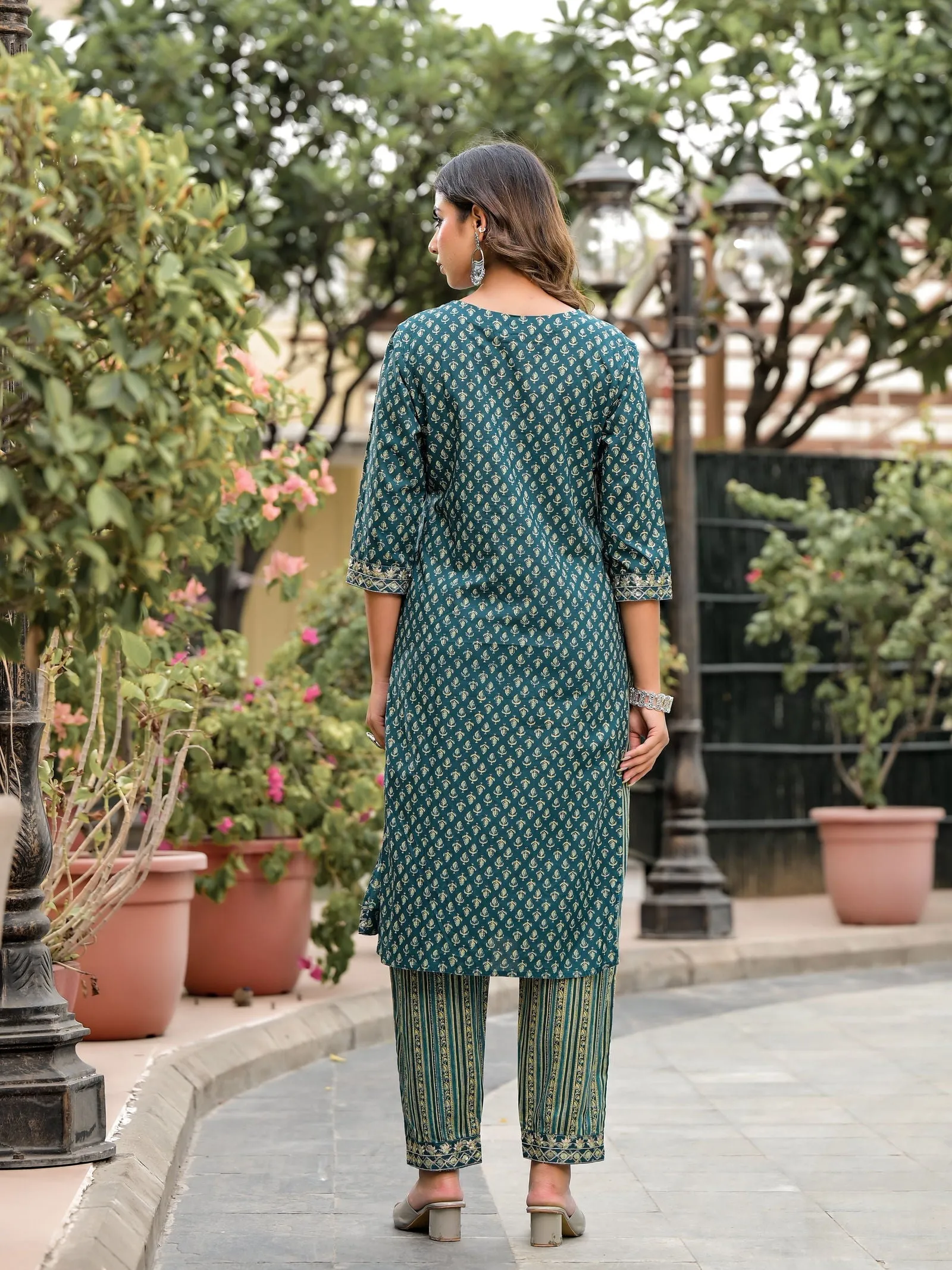 Jashvi Green Ethnic Motif Printed Cotton Kurta, Pant And Dupatta Set With Zari Work & Sequins