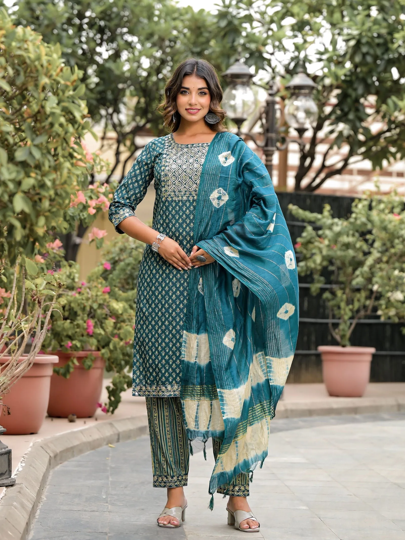 Jashvi Green Ethnic Motif Printed Cotton Kurta, Pant And Dupatta Set With Zari Work & Sequins