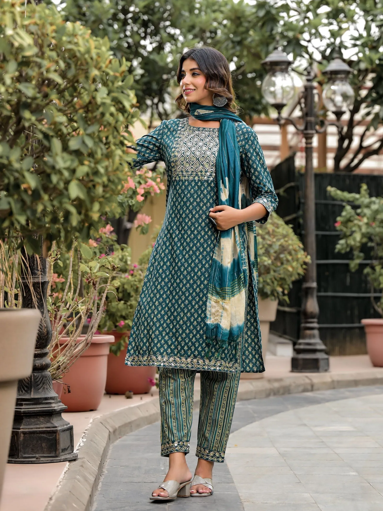 Jashvi Green Ethnic Motif Printed Cotton Kurta, Pant And Dupatta Set With Zari Work & Sequins