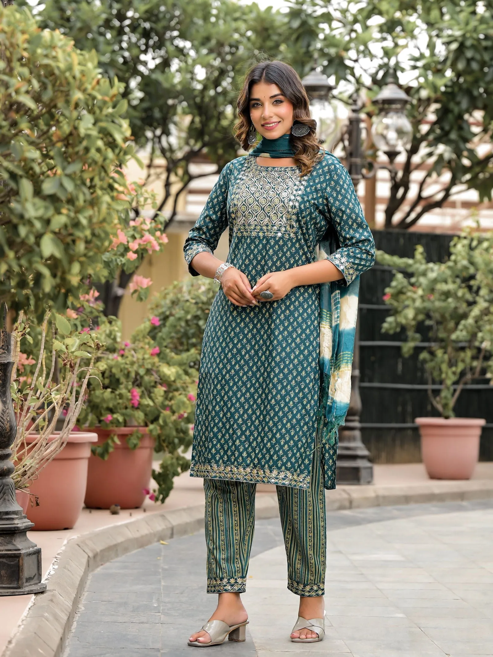 Jashvi Green Ethnic Motif Printed Cotton Kurta, Pant And Dupatta Set With Zari Work & Sequins