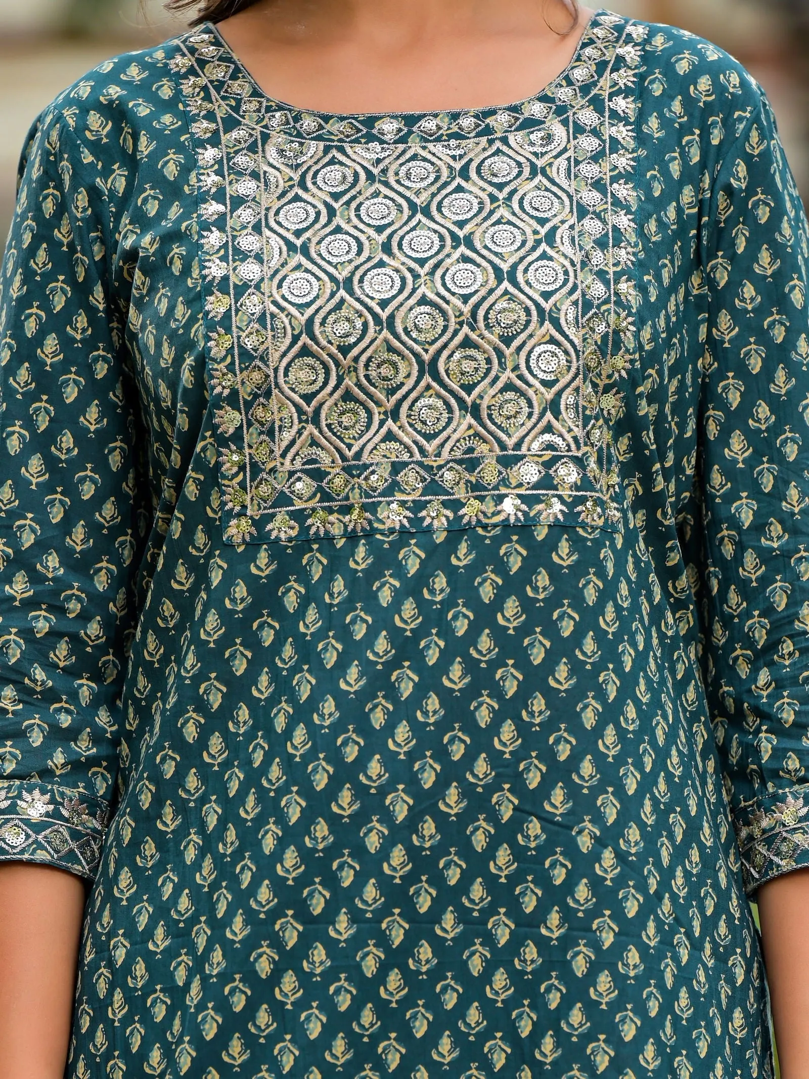 Jashvi Green Ethnic Motif Printed Cotton Kurta, Pant And Dupatta Set With Zari Work & Sequins