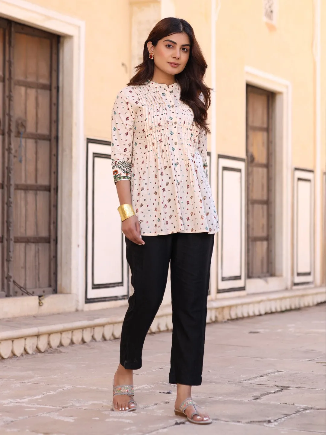 Jashvi Ivory Floral Printed Pure Cotton Tunic with Pants