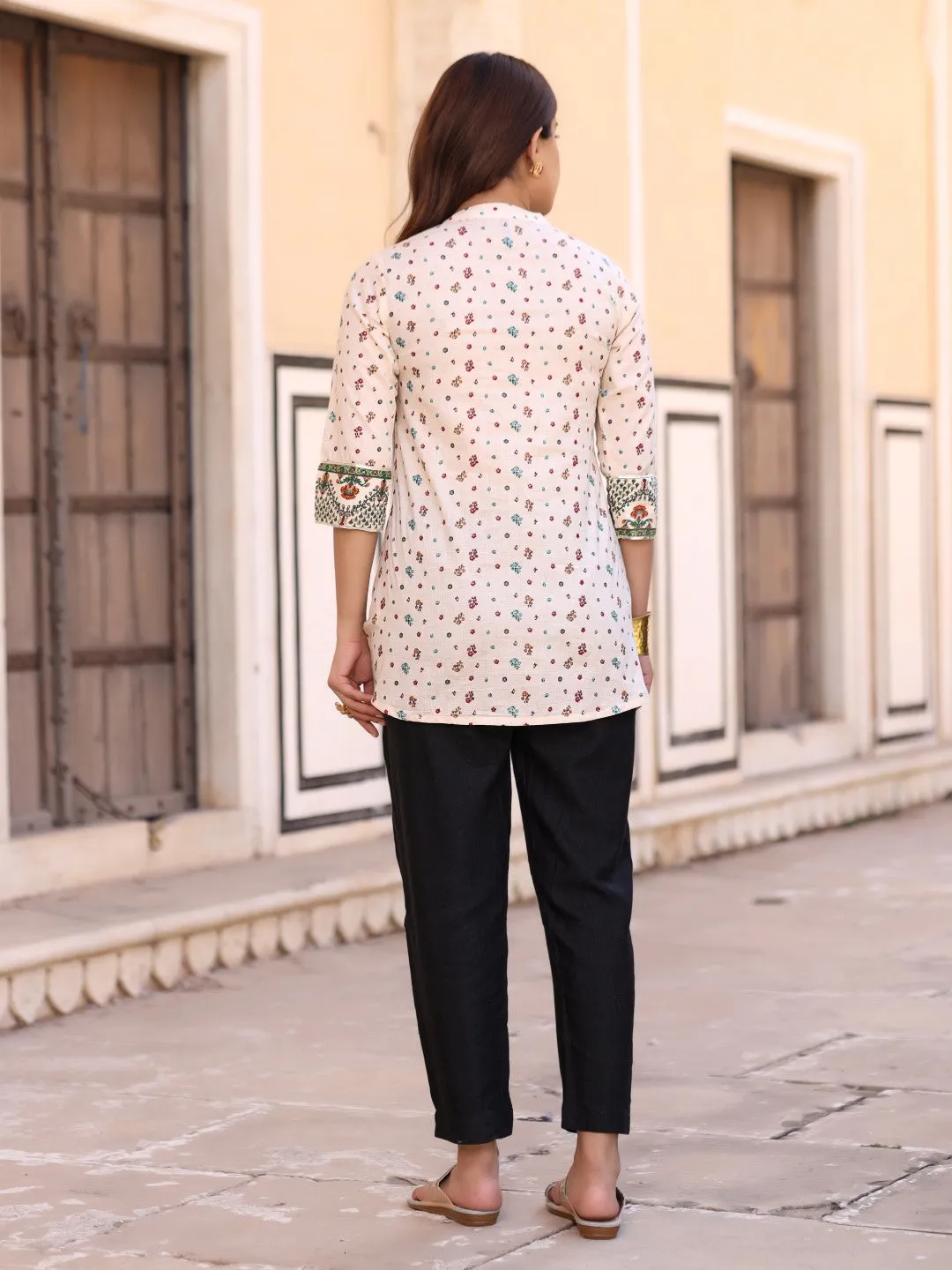 Jashvi Ivory Floral Printed Pure Cotton Tunic with Pants