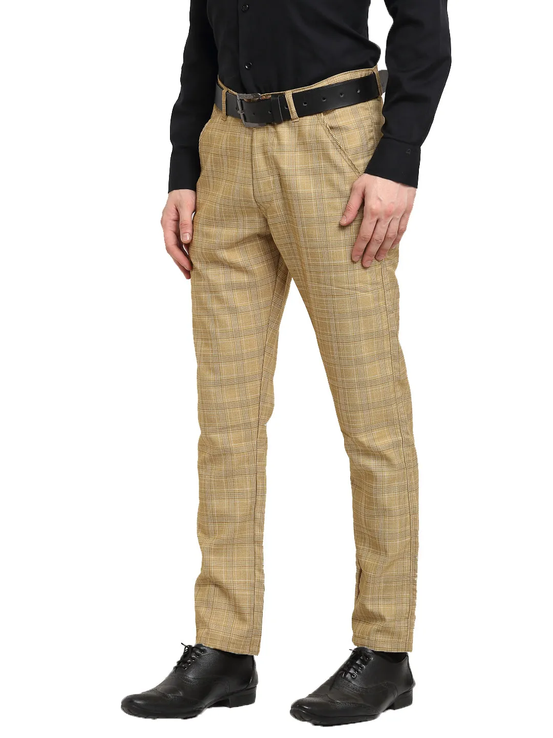 Jashvi Men's Beige Cotton Checked Formal Trousers