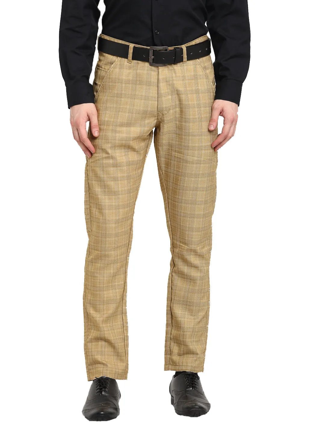 Jashvi Men's Beige Cotton Checked Formal Trousers