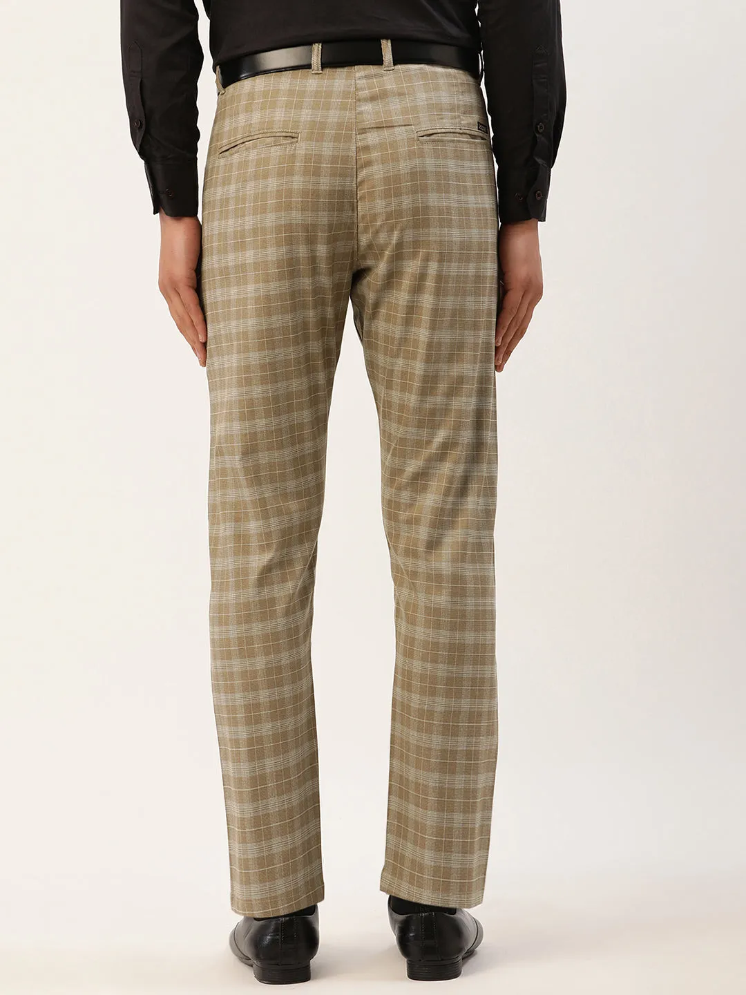 Jashvi Men's Beige Tartan Checked Formal Trousers