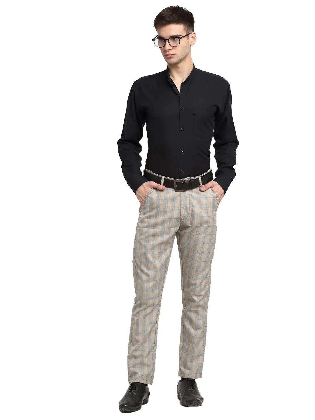 Jashvi Men's Blue Cotton Checked Formal Trousers