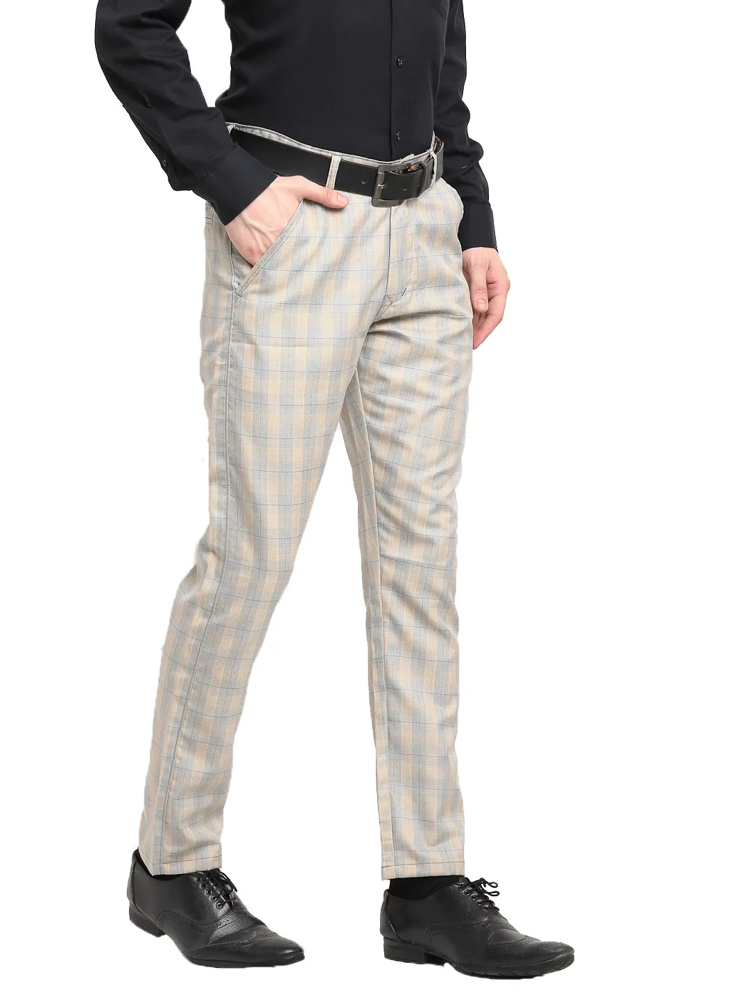 Jashvi Men's Blue Cotton Checked Formal Trousers