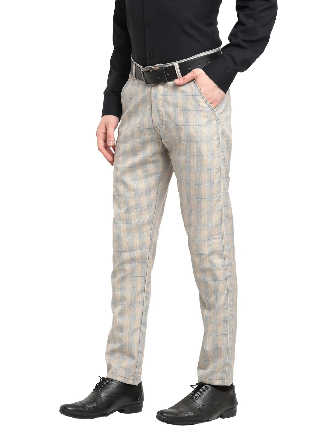 Jashvi Men's Blue Cotton Checked Formal Trousers