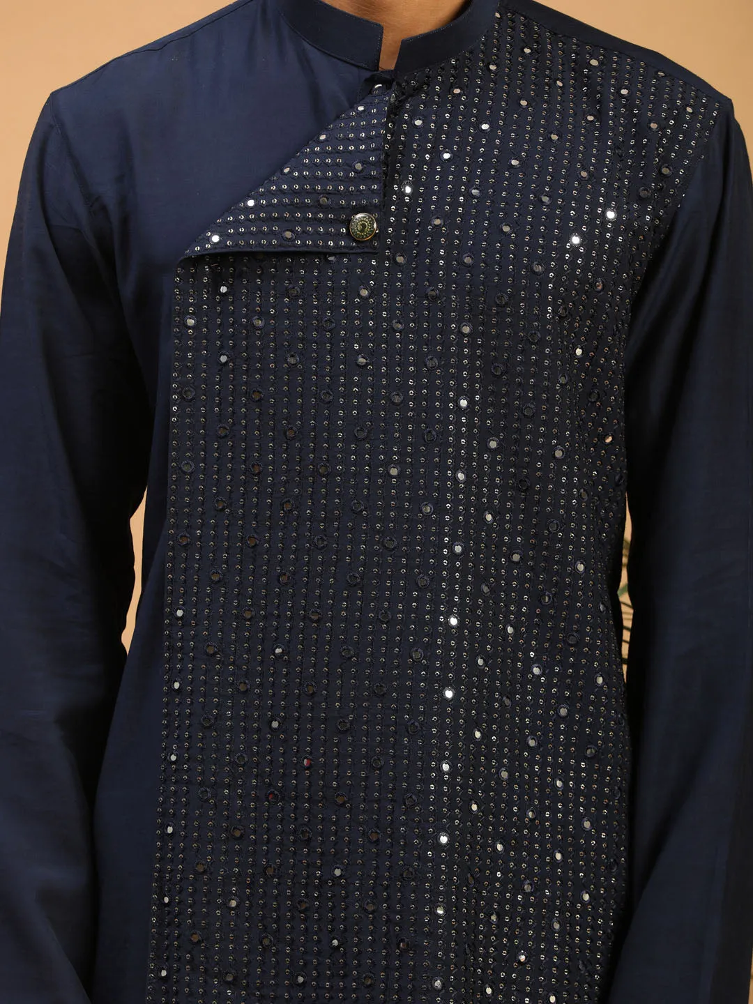 Jashvi Men's Navy Blue Sequined Layered Kurta