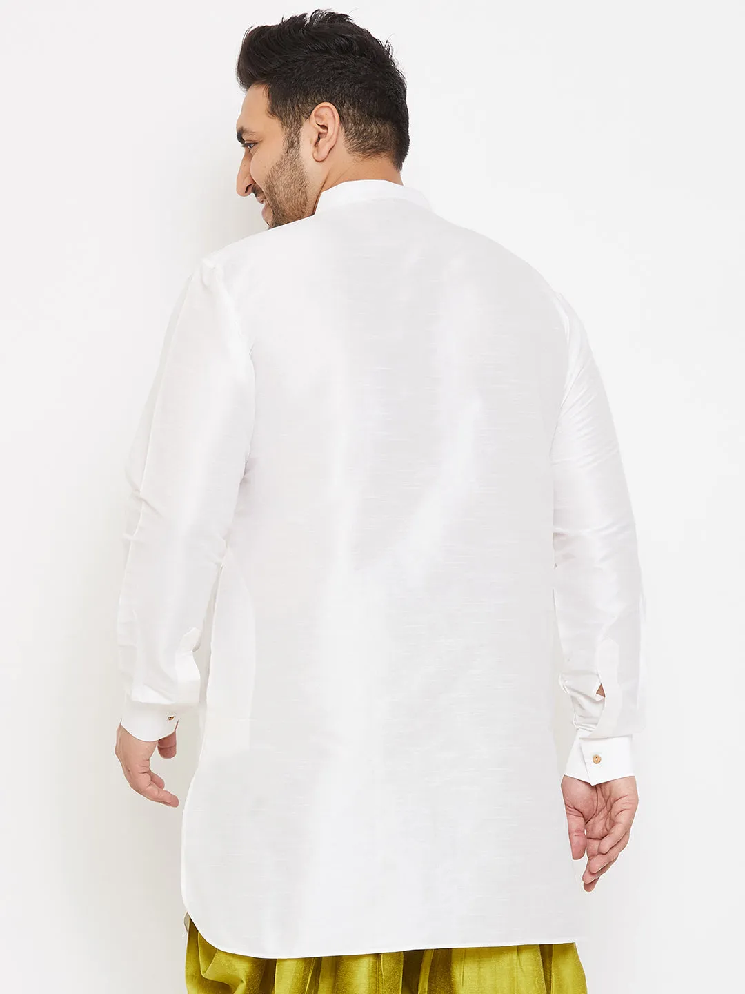 Jashvi Men's Plus Size White Silk Blend Curved Kurta