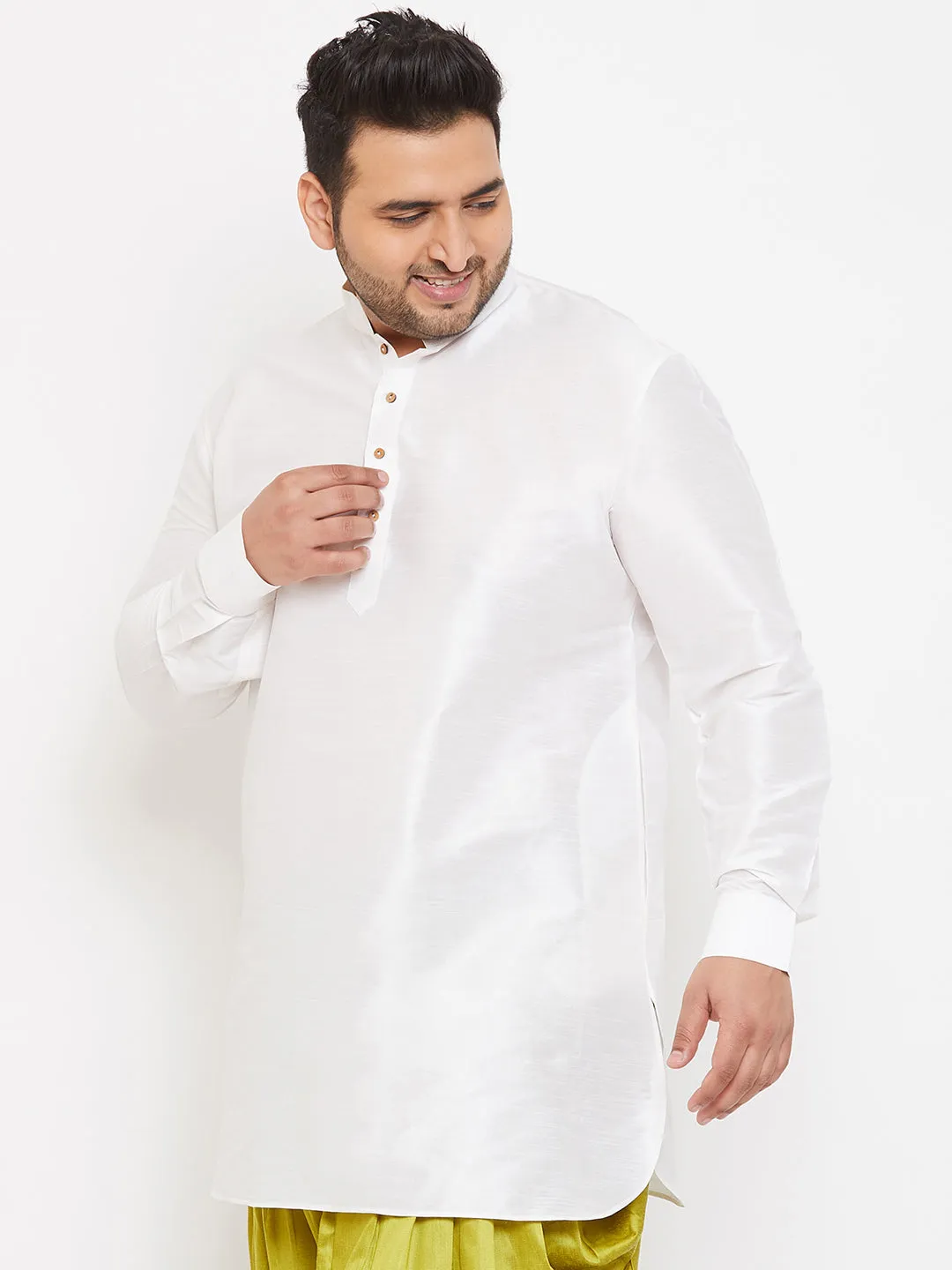 Jashvi Men's Plus Size White Silk Blend Curved Kurta