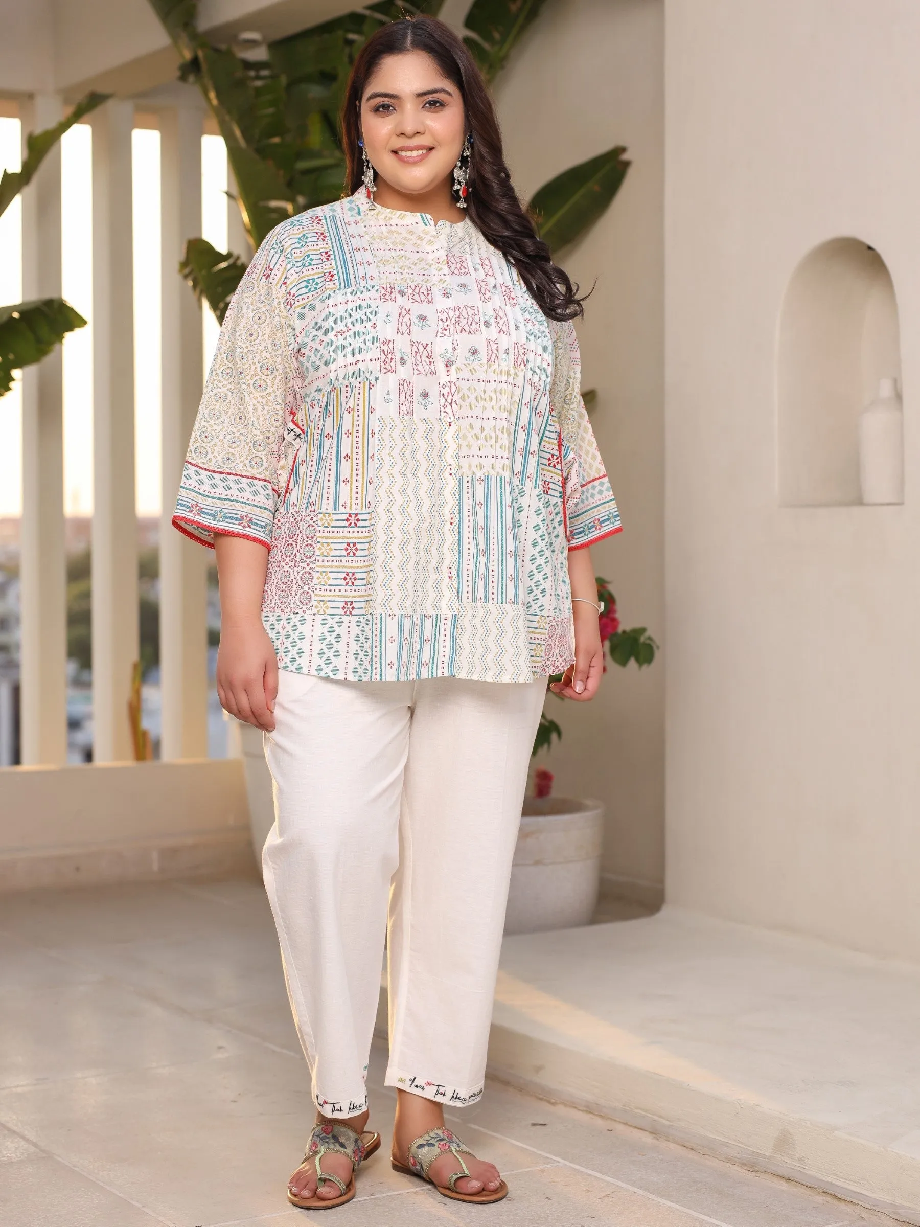 Jashvi Off-White Ethnic Motif Printed Pleated Cotton Tunic & Pants Set With Pintucks At Front & Embroidery Details (2-Pcs)