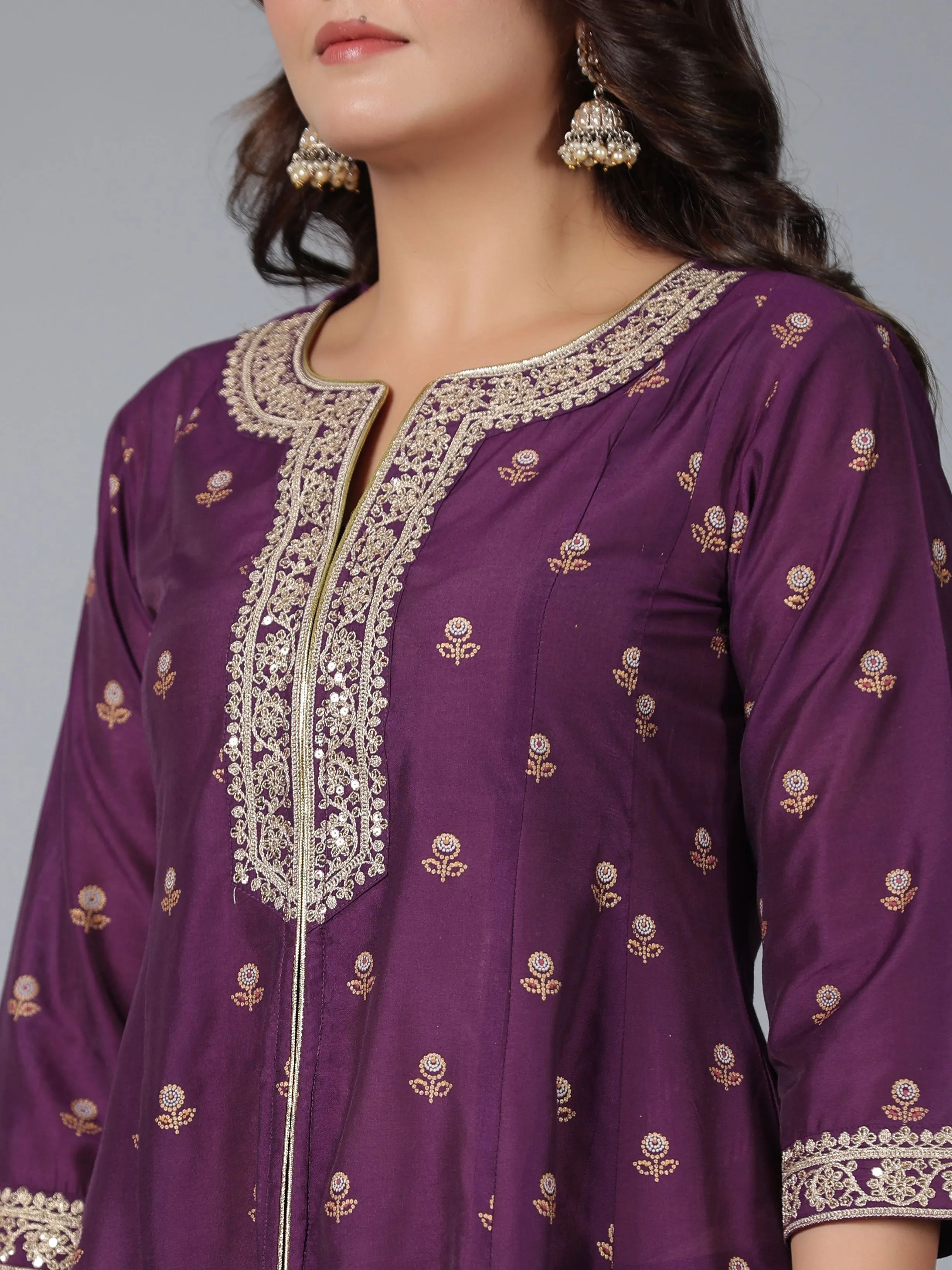 Jashvi Purple Chanderi Ethnic Motif Printed Kurta, Pants & Dupatta Set with Zari Embroidery