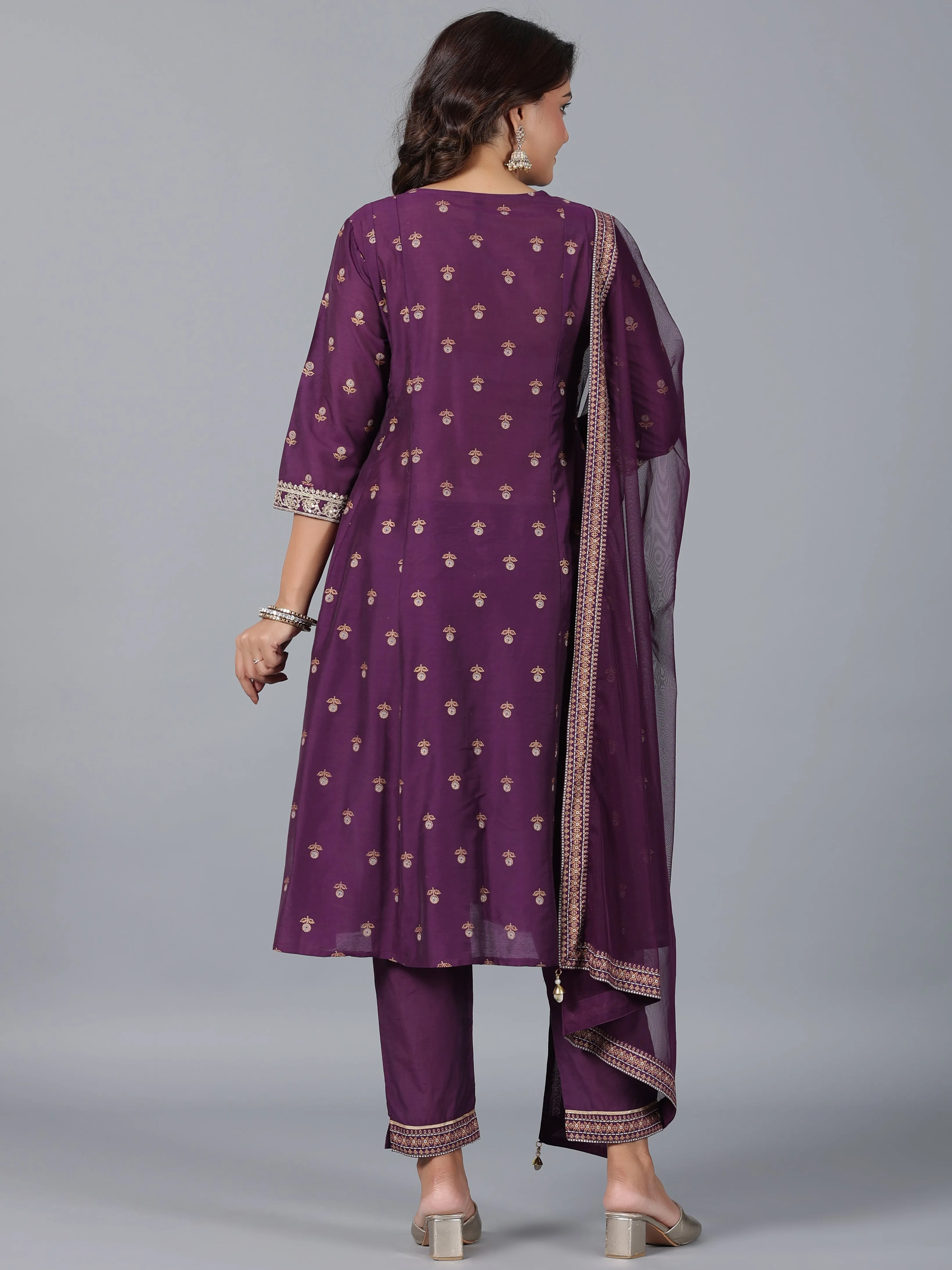 Jashvi Purple Chanderi Ethnic Motif Printed Kurta, Pants & Dupatta Set with Zari Embroidery