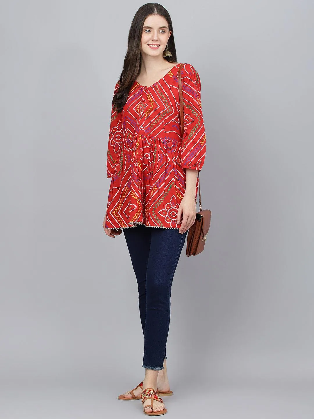 Jashvi Red Bandhani Printed Cotton Peplum Top