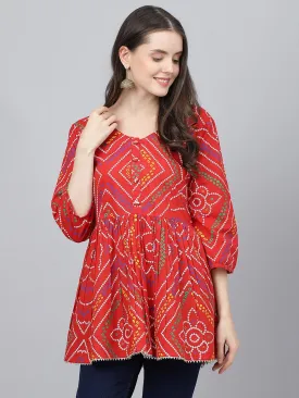 Jashvi Red Bandhani Printed Cotton Peplum Top