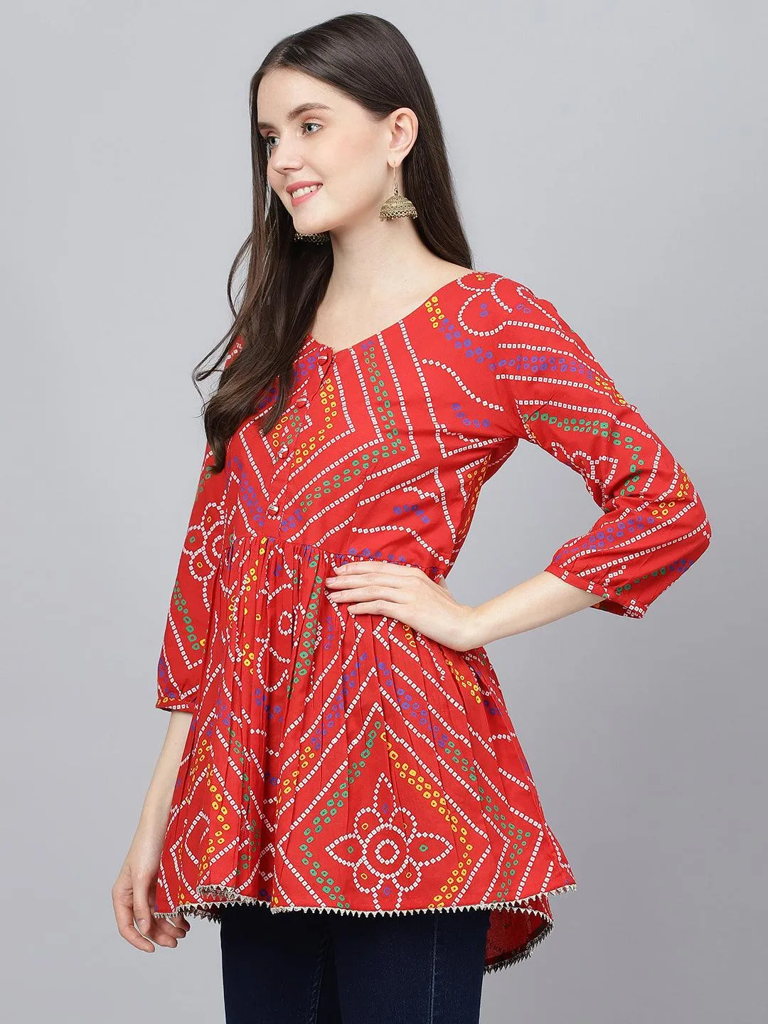 Jashvi Red Bandhani Printed Cotton Peplum Top