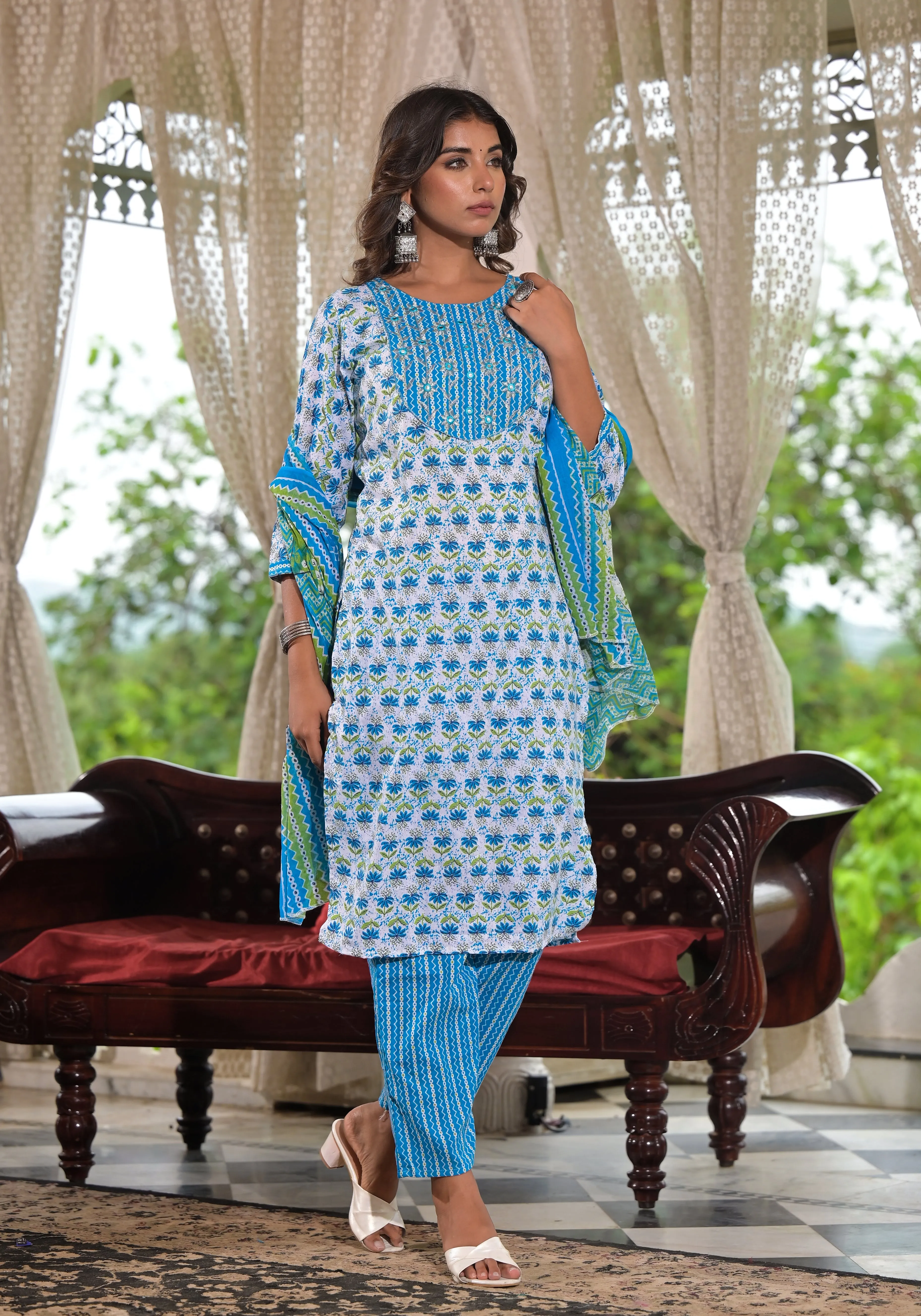 Jashvi Sky Blue Ethnic Motif Printed Cotton Kurta, Pant And Dupatta Set With Zari & Mirror Work