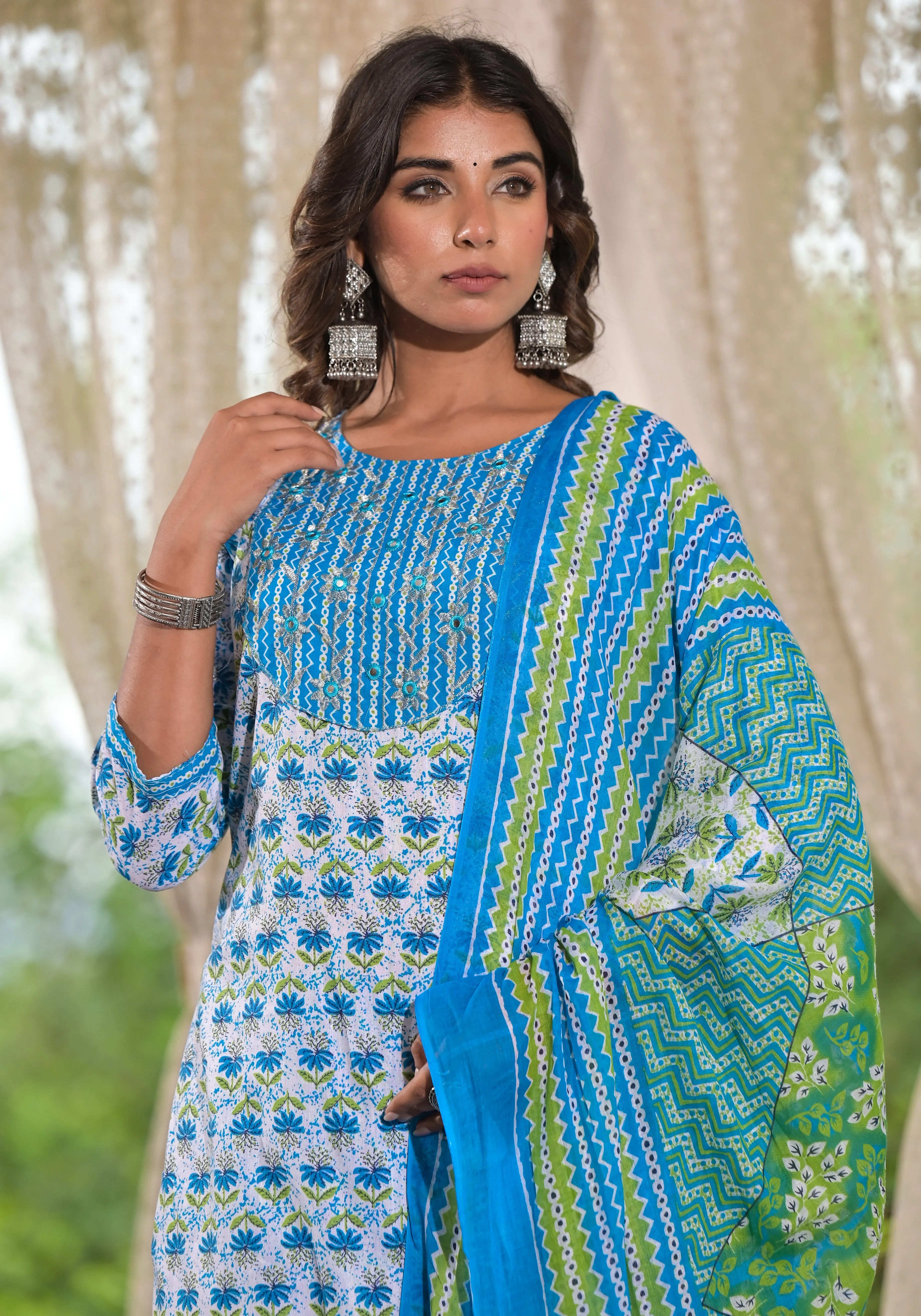 Jashvi Sky Blue Ethnic Motif Printed Cotton Kurta, Pant And Dupatta Set With Zari & Mirror Work