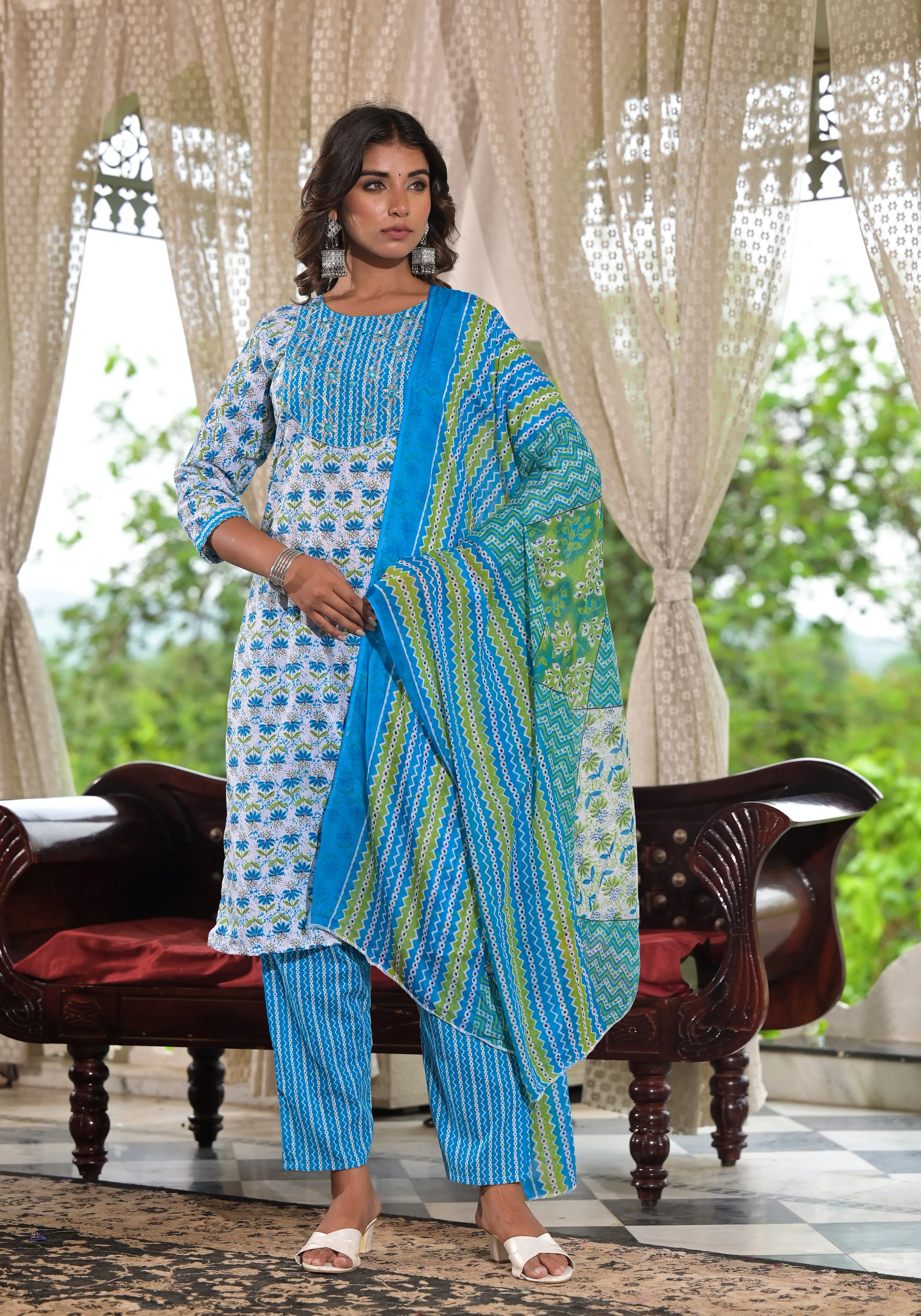 Jashvi Sky Blue Ethnic Motif Printed Cotton Kurta, Pant And Dupatta Set With Zari & Mirror Work